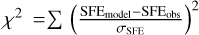 ${\chi ^2} = \mathop \sum \nolimits^ {\left( {{{{\rm{SF}}{{\rm{E}}_{{\rm{model}}}} - {\rm{SF}}{{\rm{E}}_{{\rm{obs}}}}} \over {{\sigma _{{\rm{SFE}}}}}}} \right)^2}$