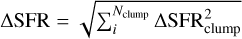 ${\rm{\Delta SFR}} = \sqrt {\mathop {\mathop \sum \nolimits^ }\limits_{{N_{{\rm{clump}}}}}^i {\rm{\Delta SFR}}_{{\rm{clump}}}^2} $
