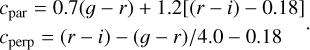$\[\begin{aligned}& c_{\text {par }}=0.7(g-r)+1.2[(r-i)-0.18] \\& c_{\text {perp }}=(r-i)-(g-r) / 4.0-0.18\end{aligned}.\]$