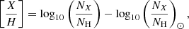 $$ \begin{aligned} \left[\frac{X}{H}\right] = \log _{10} \left(\frac{N_X}{N_{\rm H}}\right) - \log _{10} \left(\frac{N_X}{N_{\rm H}}\right)_{\odot }, \end{aligned} $$