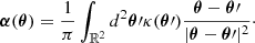 $$ \begin{aligned} \boldsymbol{\alpha }(\boldsymbol{\theta }) = \frac{1}{\pi }\int _{\mathbb{R} ^2} d^2\boldsymbol{\theta }\prime \kappa (\boldsymbol{\theta }\prime )\dfrac{\boldsymbol{\theta } - \boldsymbol{\theta }\prime }{|\boldsymbol{\theta } - \boldsymbol{\theta }\prime |^2}\cdot \end{aligned} $$