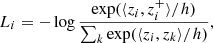 $$ \begin{aligned} L_{i} = -\log \frac{\exp (\langle z_i, z_i^+ \rangle / h)}{\sum _{k} \exp (\langle z_i, z_k \rangle / h)}, \end{aligned} $$