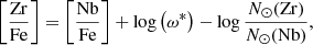 $$ \begin{aligned}&\left[\frac{\mathrm{Zr} }{\mathrm{Fe} }\right]=\left[\frac{\mathrm{Nb} }{\mathrm{Fe} }\right]+\log \left(\omega ^*\right)-\log \frac{N_{\odot }(\mathrm{Zr} )}{N_{\odot }(\mathrm{Nb} )}, \end{aligned} $$