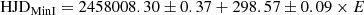 $$ \begin{aligned} \mathrm{HJD}_{\rm MinI} = 2458008.30\pm 0.37 + 298.57\pm 0.09 \times E \end{aligned} $$