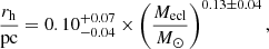 $$ \begin{aligned} \frac{r_{\rm h}}{\mathrm{pc}}=0.10_{-0.04}^{+0.07}\times \left(\frac{M_{\rm ecl}}{M_{\odot }}\right)^{0.13\pm 0.04}, \end{aligned} $$