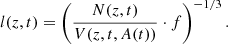 $$ \begin{aligned} l(z,t) = \left(\frac{N(z,t)}{V(z,t,A(t))}\cdot f\right)^{-1/3}. \end{aligned} $$
