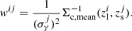 $$ \begin{aligned} w^{ij} = \frac{1}{(\sigma _{\gamma }^j)^2} \Sigma ^{-1}_{\rm c,mean}(z^i_{\rm l},z^j_{\rm s}). \end{aligned} $$