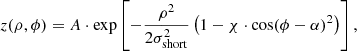 $$ \begin{aligned} z(\rho , \phi ) = A \cdot \exp \left[- \frac{\rho ^{2}}{2\sigma _{\mathrm{short} }^{2}} \left(1 - \chi \cdot \cos (\phi - \alpha )^{2}\right) \right], \end{aligned} $$