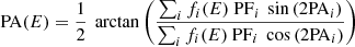 $$ \begin{aligned} \mathrm{PA}(E)=\frac{1}{2}\ \arctan \left(\frac{\sum _{i}f_i(E)\ \mathrm{PF}_i\ \sin {\left(2\mathrm{PA}_i\right)}}{\sum _{i}f_i(E)\ \mathrm{PF}_i\ \cos {\left(2\mathrm{PA}_i\right)}}\right) \end{aligned} $$