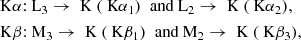 $$ \begin{aligned}&\mathrm{K} \alpha \text{:} \text{ L}_3 \rightarrow \text{ K} \; (\text{ K}{\alpha _1}) \;\text{ and} \text{ L}_2 \rightarrow \text{ K} \;(\text{ K}{\alpha _2}), \nonumber \\&\mathrm{K} \beta \text{:} \text{ M}_3 \rightarrow \text{ K} \;(\text{ K}{\beta _1}) \;\text{ and} \text{ M}_2 \rightarrow \text{ K} \;(\text{ K}{\beta _3}) ,\nonumber \end{aligned} $$