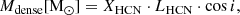 $$ \begin{aligned} M_{\rm dense} [\mathrm{M_{\odot }}] = X_{\rm HCN}\cdot L_{\rm HCN} \cdot \cos {i}, \end{aligned} $$
