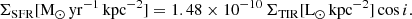 $$ \begin{aligned} \Sigma _{\rm SFR} [\mathrm{M_{\odot }\,yr^{-1}\,kpc^{-2}}] = 1.48\times 10^{-10}\, \Sigma _{\rm TIR} [\mathrm{L_{\odot }\,kpc^{-2}}] \cos {i}. \end{aligned} $$