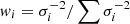 $ {\it w}_i=\sigma_i^{-2}/\sum \sigma_i^{-2} $