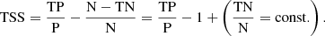 $$ \begin{aligned} \mathrm{TSS} = \frac{\mathrm{TP}}{\mathrm{P}}-\frac{\mathrm{N}-\mathrm{TN}}{\mathrm{N}} = \frac{\mathrm{TP}}{\mathrm{P}}-1+\left(\frac{\mathrm{TN}}{\mathrm{N}} = \mathrm{const.}\right). \end{aligned} $$