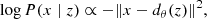 $$ \begin{aligned} \log P(x \mid z) \propto -\Vert x-d_{\theta }(z)\Vert ^{2}, \end{aligned} $$