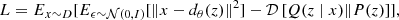 $$ \begin{aligned} L = E_{x \sim D} [E_{\epsilon \sim \mathcal{N} (0, I)} [\Vert x-d_{\theta }(z)\Vert ^{2}] -\mathcal{D} \left[Q(z \mid x) \Vert P(z)\right]], \end{aligned} $$