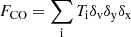 $$ \begin{aligned} F_{\mathrm{CO}}&= \sum _{\mathrm{i}}T_{\mathrm{i}} \delta _{\rm v} \delta _{\rm y} \delta _{\rm x}\end{aligned} $$