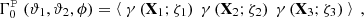 $$ \begin{aligned} \Gamma _0^{ \boldsymbol{\mathcal{P} }} (\vartheta _1, \vartheta _2, \phi )&= \left\langle \ \gamma \left(\mathbf X_1 ;\zeta _1\right) \ \gamma \left(\mathbf X_2 ;\zeta _2\right) \ \gamma \left(\mathbf X_3 ;\zeta _3\right) \ \right\rangle \ , \end{aligned} $$