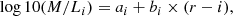 $$ \begin{aligned} \log 10(M/L_{i}) = a_{i}+b_{i}\times (r-i), \end{aligned} $$