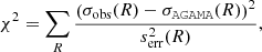 $$ \begin{aligned} \chi ^{2} = \sum _{R} \frac{\left(\sigma _{\mathrm{obs}}(R) - \sigma _{\mathtt{AGAMA }}(R)\right)^{2}}{s^{2}_{\mathrm{err}}(R)}, \end{aligned} $$
