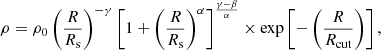 $$ \begin{aligned} \rho = \rho _0 \left(\frac{R}{R_{\rm s}}\right)^{-\gamma } \left[1 + \left(\frac{R}{R_{\rm s}}\right)^\alpha \right]^{\frac{\gamma -\beta }{\alpha }}\times \exp \left[-\left(\frac{R}{R_\mathrm{cut} }\right)\right], \end{aligned} $$