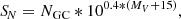 $$ \begin{aligned} {S\!}_N=N_{\rm GC}*10^{0.4*(M_V + 15)}, \end{aligned} $$