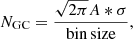 $$ \begin{aligned} N_{\rm GC}=\frac{\sqrt{2\pi }A*\sigma }{\mathrm{bin\,size}}, \end{aligned} $$