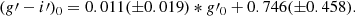 $$ \begin{aligned} (g\prime -i\prime )_0=0.011({\pm }0.019)*g\prime _0+0.746({\pm }0.458). \end{aligned} $$