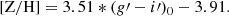 $$ \begin{aligned}{[\mathrm{Z/H}]}=3.51*(g\prime -i\prime )_0-3.91. \end{aligned} $$