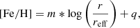 $$ \begin{aligned}{[\mathrm{Fe/H}]}=m*\log \left(\frac{r}{r_{\rm eff}}\right)+q, \end{aligned} $$