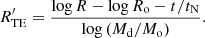 $$ \begin{aligned} R^\prime _{\rm TE}&= \frac{\log {R}-\log {R_{\rm o}}-t/t_{\rm N} }{\log {(M_{\rm d}/M_{\rm o})}} . \end{aligned} $$