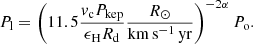 $$ \begin{aligned} P_{\rm l}= \left(11.5 \frac{v_{\rm c}P_{\rm kep}}{\epsilon _{\rm H}R_{\rm d}} \frac{R_{\odot }}{\mathrm{km\,s^{-1}\,yr}}\right)^{-2\alpha } P_{\rm o}. \end{aligned} $$