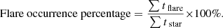 $$ \begin{aligned} \mathrm{Flare\ occurrence\ percentage}=\frac{\sum t_\text{ flare}}{\sum t_\text{ star}}{\times }{100}{\%}. \end{aligned} $$