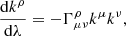 $$ \begin{aligned} \frac{\mathrm{d}k^{\rho }}{\mathrm{d} \lambda }&= - \Gamma ^{\rho }_{\mu \nu } k^{\mu } k^{\nu }, \end{aligned} $$