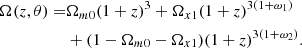 $$ \begin{aligned} \begin{split} \Omega (z,\theta ) =&\Omega _{m0}(1+z)^3 + \Omega _{x1}(1+z)^{3(1+\omega _1)}\\&+ (1-\Omega _{m0}-\Omega _{x1})(1+z)^{3(1+\omega _2)}. \end{split} \end{aligned} $$