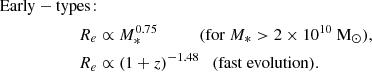 $$ \begin{aligned} \begin{aligned} \mathrm{Early-types}\!:\\ R_e&\propto M_*^{0.75} \ \ \ \ \ \ \ \ \ \ (\mathrm{for} \ M_*> 2\times 10^{10} \ \mathrm M_\odot ), \\ R_e&\propto (1+z)^{-1.48} \ \ \ (\mathrm {fast \ evolution} ). \end{aligned} \end{aligned} $$