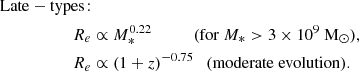 $$ \begin{aligned} \begin{aligned} \mathrm{Late-types}\!:\\ R_e&\propto M_*^{0.22} \ \ \ \ \ \ \ \ \ \ (\mathrm{for} \ M_*> 3\times 10^{9} \ \mathrm M_\odot ), \\ R_e&\propto (1+z)^{-0.75} \ \ \ (\mathrm {moderate \ evolution} ). \end{aligned} \end{aligned} $$