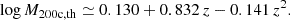 $$ \begin{aligned} \log M_{200\mathrm{c,th}} \simeq 0.130 + 0.832\, z - 0.141\, z^2. \end{aligned} $$
