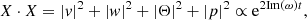 $$ \begin{aligned}&X \cdot X = \vert v\vert ^2 + \vert w\vert ^2 + \vert \Theta \vert ^2 + \vert p\vert ^2 \propto \mathrm{e} ^{2 \mathrm{Im} (\omega )t}, \end{aligned} $$