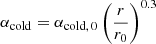 $$ \begin{aligned} \alpha _\mathrm{cold} = \alpha _\mathrm {cold,\,0} \left(\frac{r}{r_0}\right)^{0.3} \end{aligned} $$
