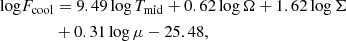 $$ \begin{aligned} {\log } F_\mathrm{cool}&= 9.49\, \mathrm{log} \, T_\mathrm{mid} + 0.62\, \mathrm{log} \, \Omega + 1.62\, \mathrm{log} \, \Sigma \nonumber \\&+ 0.31\, \mathrm{log} \, \mu - 25.48, \end{aligned} $$