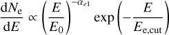 ${{{\rm{d}}{N_e}} \over {{\rm{d}}E}} \propto {\left( {{E \over {{E_0}}}} \right)^{ - {\alpha _{e1}}}}\exp \left( { - {E \over {{E_{{\rm{e,cut}}}}}}} \right)$