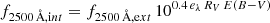 $$ \begin{aligned} f_{2500\,\AA , \mathrm int } = f_{2500\,\AA , \mathrm ext} \, 10^{0.4 \, e_{\lambda } \, R_{V} \, E(B-V)} \end{aligned} $$