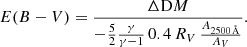 $$ \begin{aligned} E(B-V) = \frac{\Delta \mathrm DM}{-\frac{5}{2}\frac{\gamma }{\gamma - 1} \, 0.4 \, R_V \, \frac{A_{2500\,\AA }}{A_V}}. \end{aligned} $$