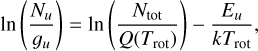 $\ln \left( {{{{N_u}} \over {{g_u}}}} \right) = \ln \left( {{{{N_{{\rm{tot}}}}} \over {Q\left( {{T_{{\rm{rot}}}}} \right)}}} \right) - {{{E_u}} \over {k{T_{{\rm{rot}}}}}},$