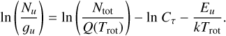 $\ln \left( {{{{N_u}} \over {{g_u}}}} \right) = \ln \left( {{{{N_{{\rm{tot}}}}} \over {Q\left( {{T_{{\rm{rot }}}}} \right)}}} \right) - \ln {C_\tau } - {{{E_u}} \over {k{T_{{\rm{rot }}}}}}.$