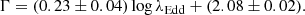 $$ \begin{aligned} \Gamma = (0.23 \pm 0.04)\log {\lambda _{\rm Edd}} + (2.08 \pm 0.02). \end{aligned} $$
