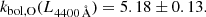 $$ \begin{aligned} k_{\rm bol,O}(L_{\rm 4400\,\AA }) = 5.18 \pm 0.13. \end{aligned} $$