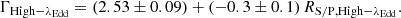 $$ \begin{aligned} \Gamma _{\rm High-\lambda _{\rm Edd} } = (2.53 \pm 0.09) + (-0.3 \pm 0.1)\, R_{\rm S/P, High-\lambda _{\rm Edd} }. \end{aligned} $$