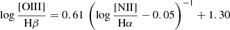 $$ \begin{aligned} \log \frac{\mathrm{[OIII]}}{\mathrm{H}\beta } = 0.61\,\left(\log \frac{\mathrm{[NII]}}{\mathrm{H}\alpha }-0.05\right)^{-1}+1.30 \end{aligned} $$